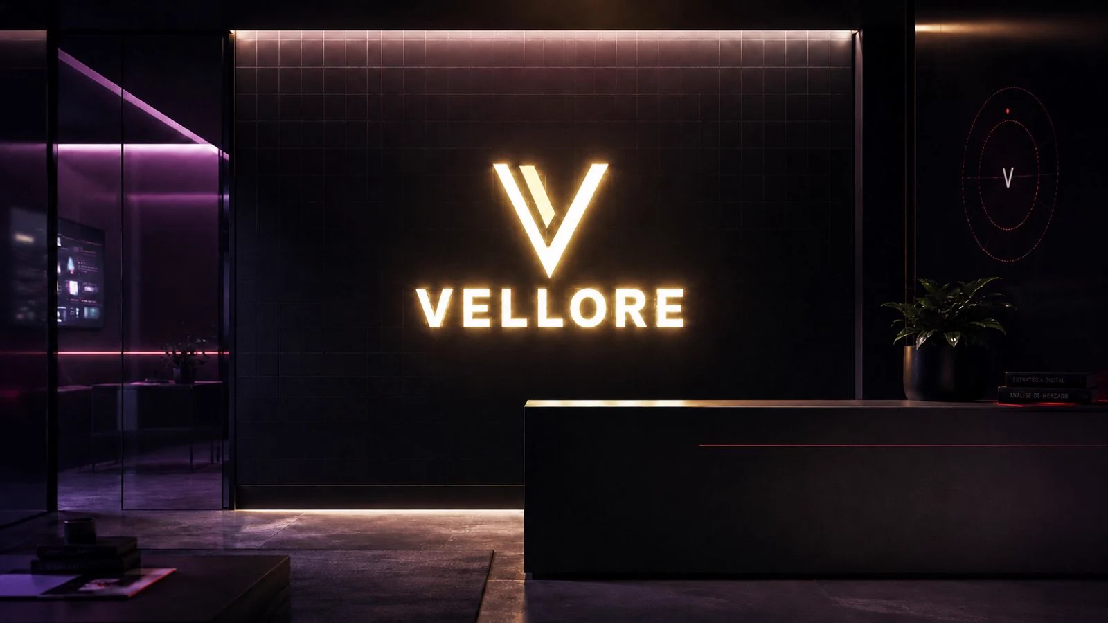 Recepção da Vellore com o letreiro de neon iluminado na parede