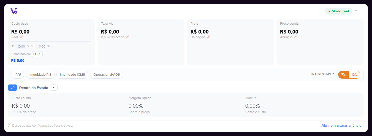 Painel da Vellore Tax preenchendo custo, taxa do canal, frete e preço de venda, e calculando lucro líquido, margem e markup
